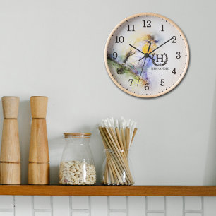Modern Watercolor Bird, Monogram Wood Wall Clock