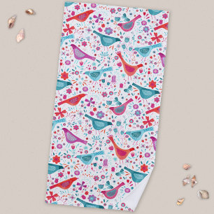 Modern Watercolor Birds and Flowers Beach Towel