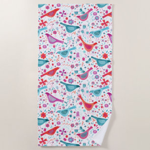 Modern Watercolor Birds and Flowers Beach Towel