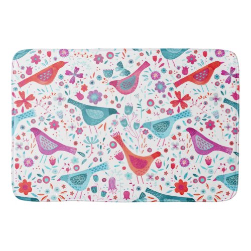 Modern Watercolor Birds and Flowers Colorful Bath Mat