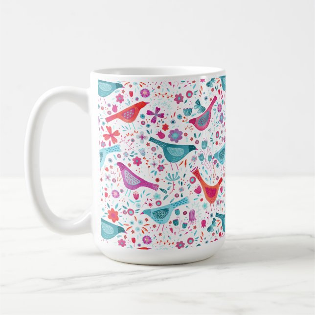 Modern Watercolor Birds and Flowers Colorful Coffee Mug (Left)