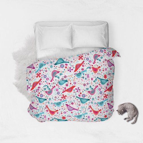 Modern Watercolor Birds and Flowers Colorful Duvet Cover