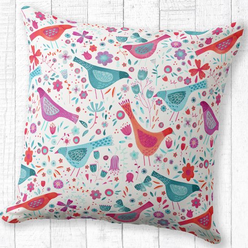 Modern Watercolor Birds and Flowers Colorful Throw Pillow
