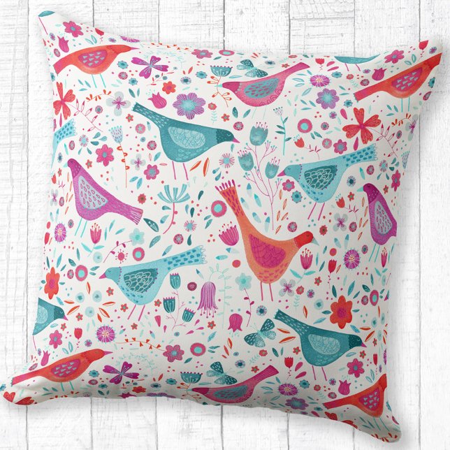 Modern Watercolor Birds and Flowers Colorful Throw Pillow (Watercolor bird and flower pink, orange, red and teal art throw pillow)