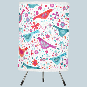 Modern Watercolor Birds and Flowers Colorful Tripod Lamp