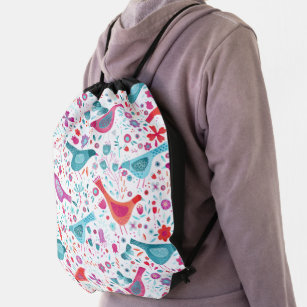 Modern Watercolor Birds and Flowers Drawstring Bag