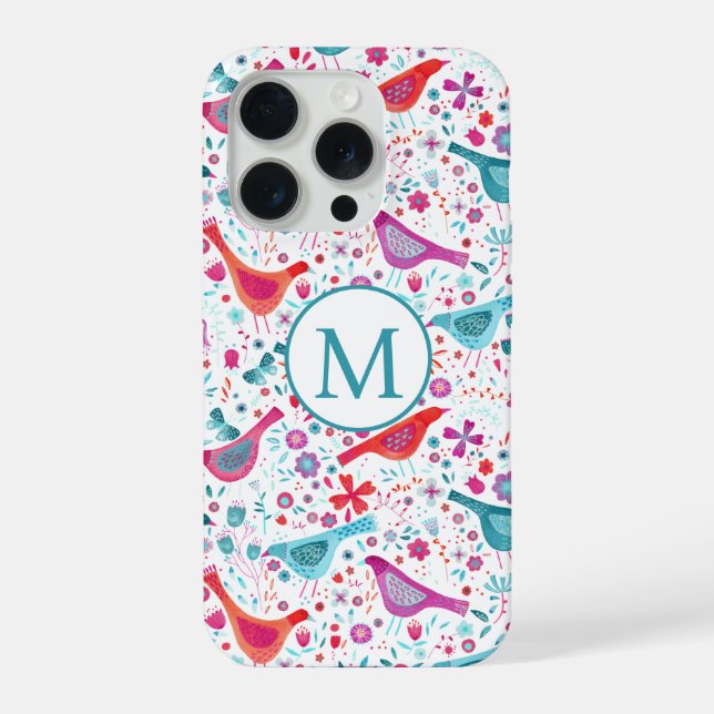 Modern Watercolor Birds and Flowers Monogram iPhone Case (Back)