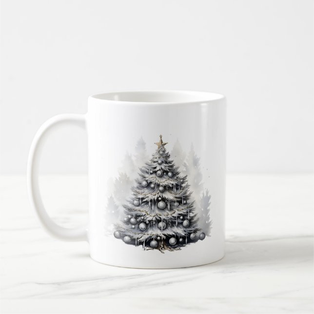 Modern Watercolor Black & White Christmas Tree Coffee Mug (Left)