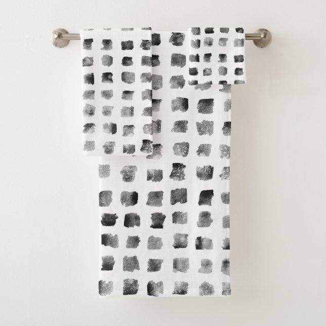 Modern Watercolor Black White Geometric Squares Bath Towel Set (Insitu)