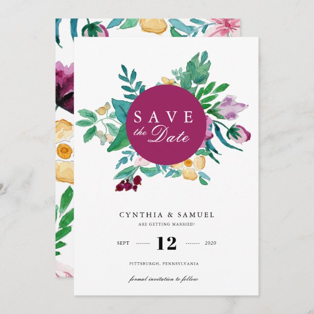 Modern Watercolor Blooms Save the Date Invitation (Front/Back)