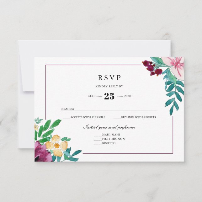 Modern Watercolor Blooms Wedding RSVP (Front)