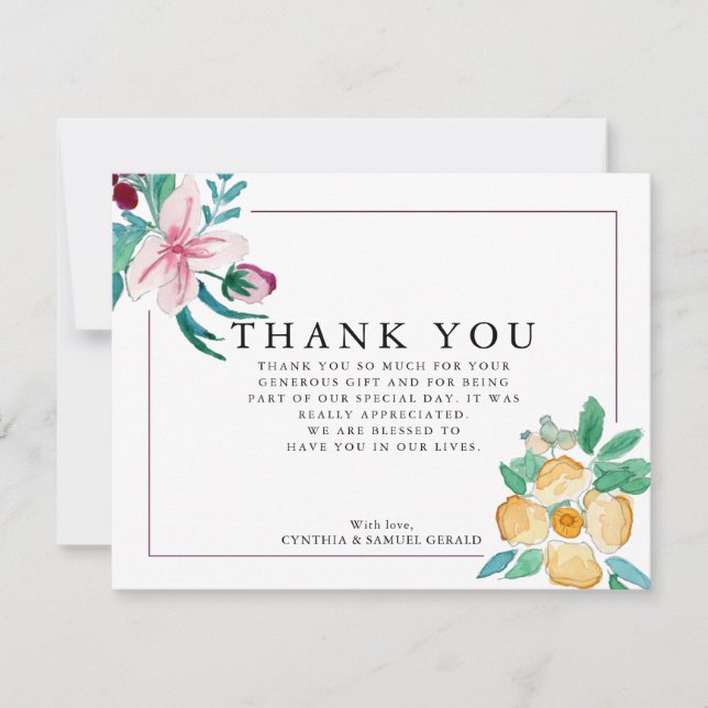 Modern Watercolor Blooms Wedding Thank You (Front)