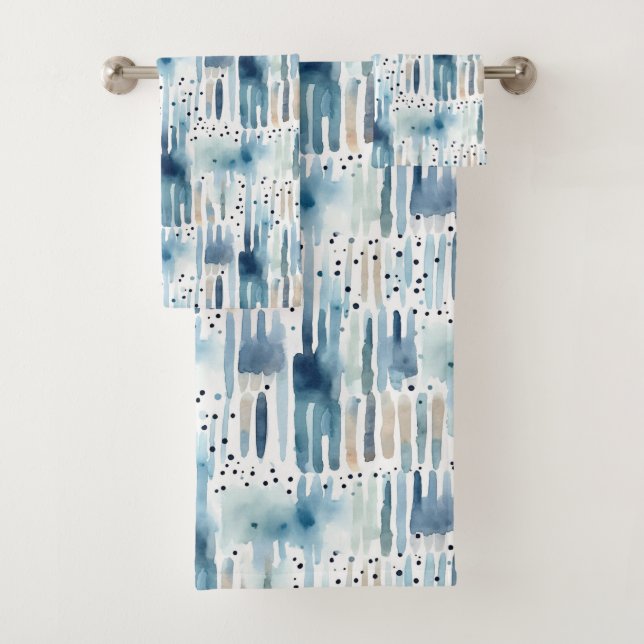 Modern Watercolor Blue Abstract Pattern Bath Towel Set (Insitu)