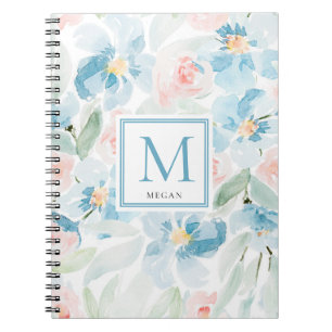 Modern Watercolor Blue and Blush Flowers Initial Notebook