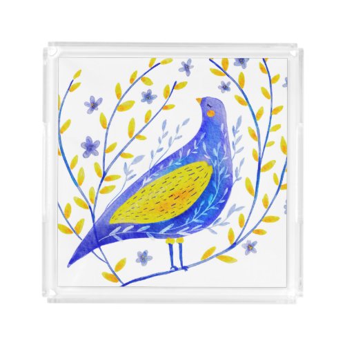 Modern Watercolor Blue and Yellow Bird Art Acrylic Tray