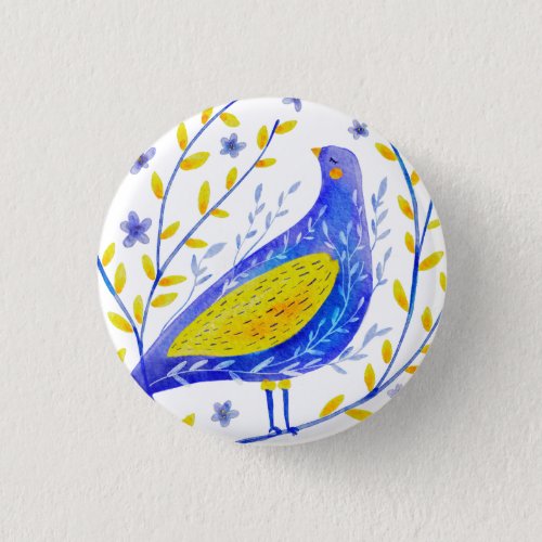 Modern Watercolor Blue and Yellow Bird Art Button
