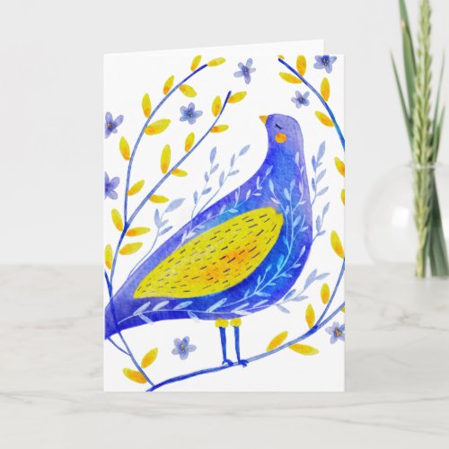 Modern Watercolor Blue and Yellow Bird Art Card