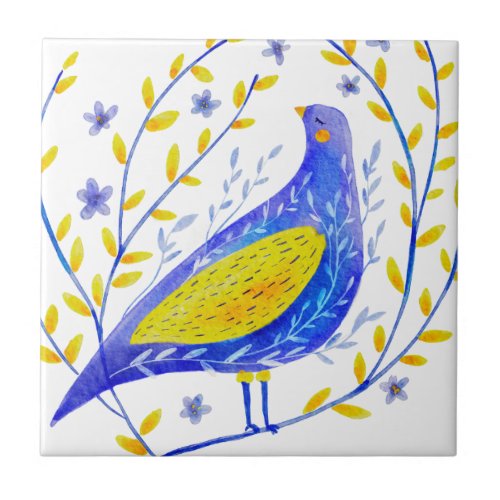 Modern Watercolor Blue and Yellow Bird Art Ceramic Tile