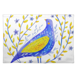 Modern Watercolor Blue and Yellow Bird Art Cloth Placemat