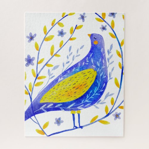 Modern Watercolor Blue and Yellow Bird Art Jigsaw Puzzle