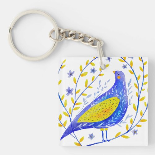 Modern Watercolor Blue and Yellow Bird Art Keychain