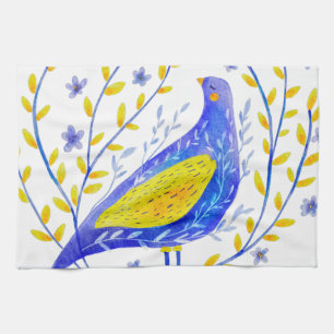 Modern Watercolor Blue and Yellow Bird Art Kitchen Towel