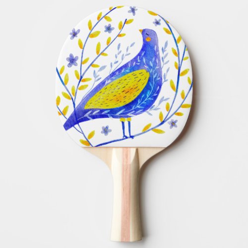 Modern Watercolor Blue and Yellow Bird Art Ping Pong Paddle