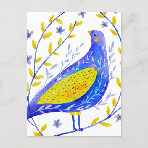 Modern Watercolor Blue and Yellow Bird Art Postcard