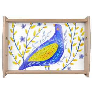Modern Watercolor Blue and Yellow Bird Art Serving Tray