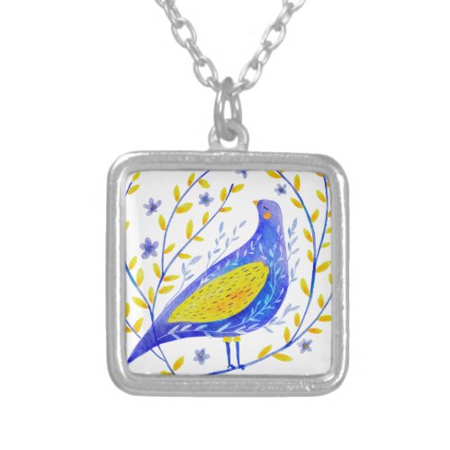 Modern Watercolor Blue and Yellow Bird Art Silver Plated Necklace