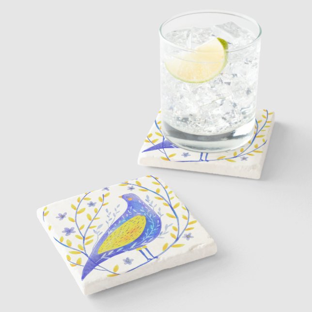 Modern Watercolor Blue and Yellow Bird Art Stone Coaster (Side)