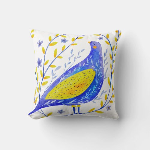 Modern Watercolor Blue and Yellow Bird Art Throw Pillow