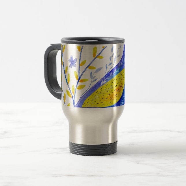 Modern Watercolor Blue and Yellow Bird Art Travel Mug (Front Left)