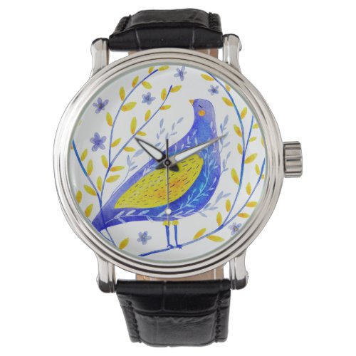 Modern Watercolor Blue and Yellow Bird Art Watch