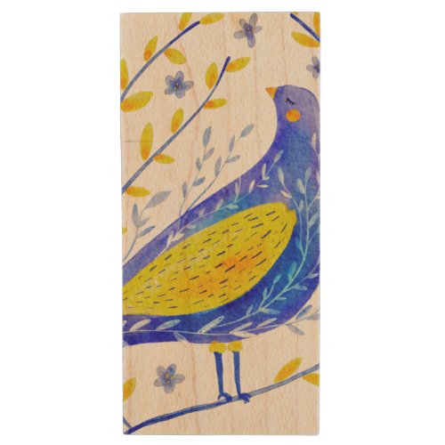 Modern Watercolor Blue and Yellow Bird Art Wood Flash Drive