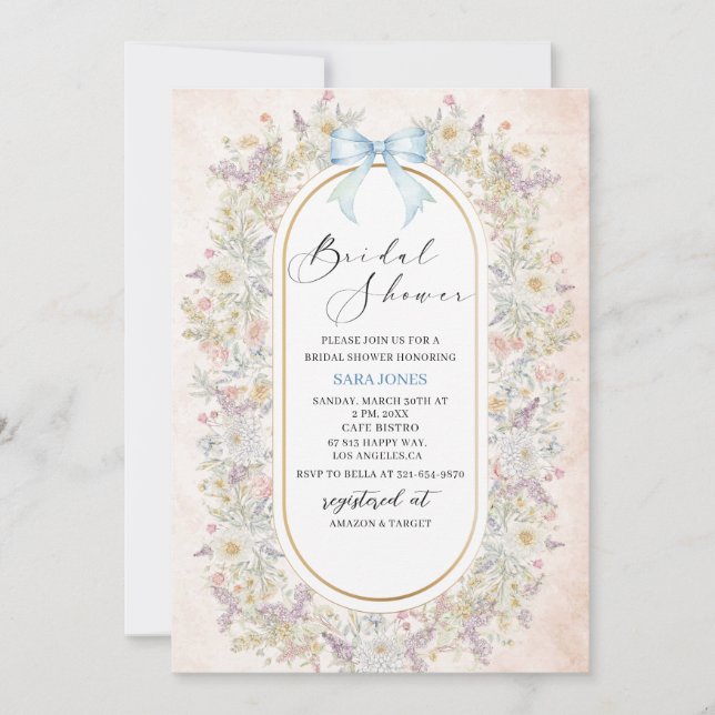 Modern Watercolor Blue bow retro flowers Bridal Sh Invitation (Front)