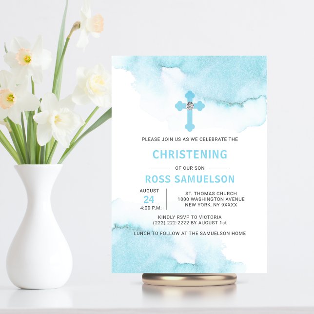 Modern Watercolor Blue BOY Baptism Christening Inv Invitation (Creator Uploaded)