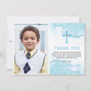 Modern Watercolor Blue BOY Holy Communion Thank You Card