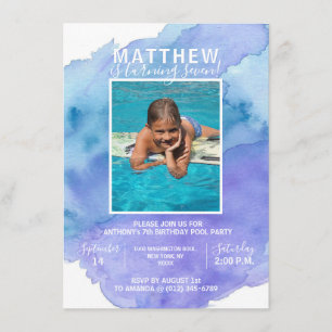 Modern Watercolor Blue Boy POOL BIRTHDAY Party Invitation