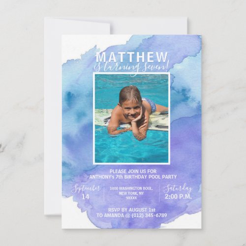 Modern Watercolor Blue Boy POOL BIRTHDAY Party Invitation