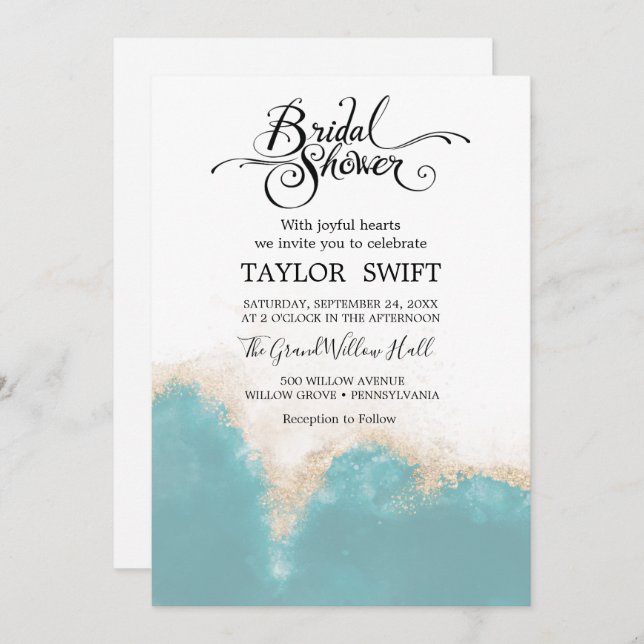 Modern Watercolor Blue Bridal Shower Invitation (Front/Back)