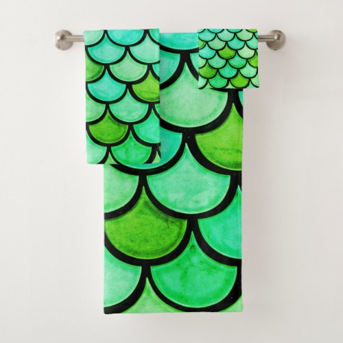 Modern Watercolor Blue Bright Green Mermaid Scales Bath Towel Set