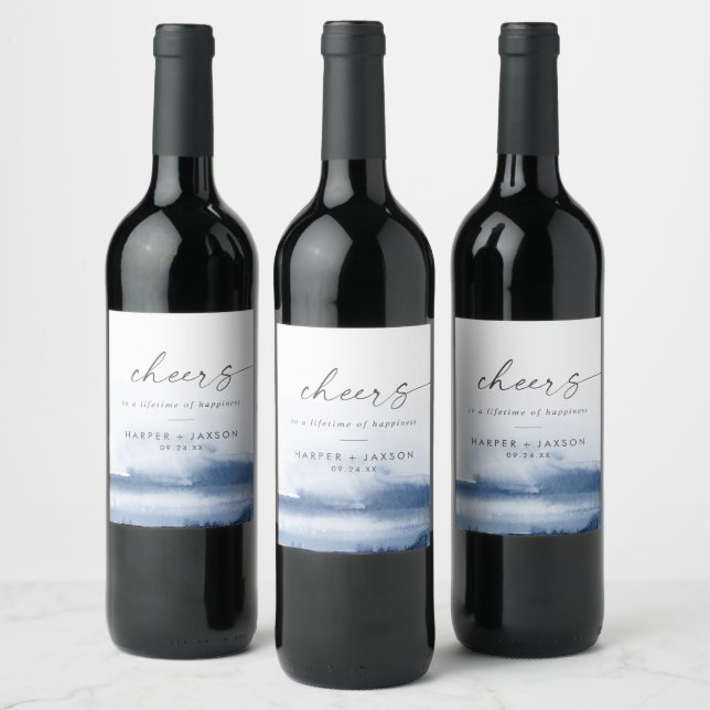Modern Watercolor | Blue Cheers Wedding Wine Label (Bottles)