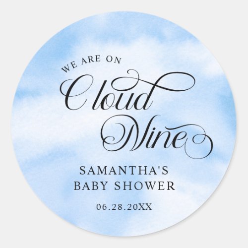 Modern Watercolor Blue Cloud Nine Baby Shower Classic Round Sticker