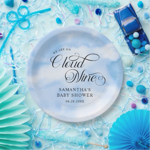 Modern Watercolor Blue Cloud Nine Baby Shower Paper Plates