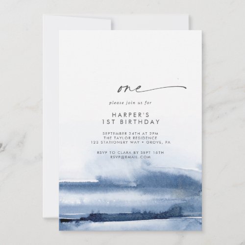Modern Watercolor  Blue First Birthday Party Invitation