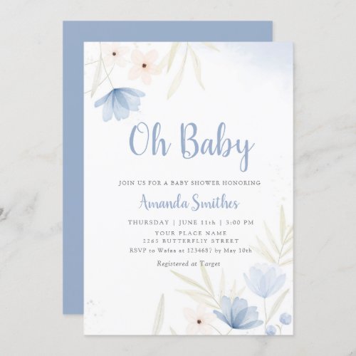 Modern Watercolor Blue Floral Boho Baby Shower Inv Invitation