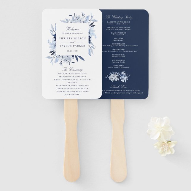 Modern Watercolor Blue Floral Wedding Ceremony Hand Fan (Front and Back)
