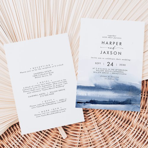 Modern Watercolor  Blue Front and Back Wedding Invitation