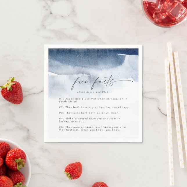 Modern Watercolor | Blue Fun Facts Wedding Napkins (Insitu)